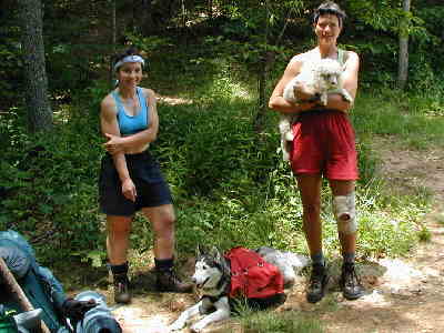 We ran into Karen Hartnett and Debbie Yavorski who were out for several days of hiking on the A.T. with dogs Rocky (with Karen) and Sunee (center).