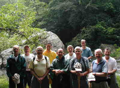 Our lunch spot about 1/4 mile below Ellicott Rock. (l-r) Terry Doyle, Tony Presley, Jack Jacobi, Bob Thompson, Wayne Miller, John Bellamy, Jack Slaton, Dan Ross, Bob Presley, and Bob Magee.