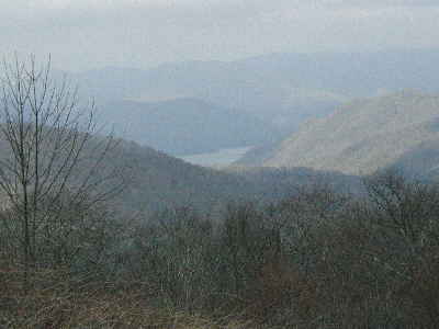 The view from Siler down into the Nantahala valley and Lake Nantahala.