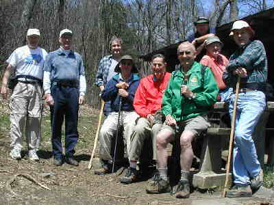Our group at the Siler Bald Shelter. (l-r) Tony Presley, Bill Taylor, Dan Ross, Wayne Miller, Bob Thompson, Jack Jacobi, Doug Russell, Bob Presley, and John Bellamy.