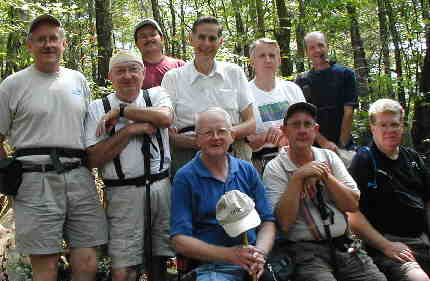 Our group's lunch-break photo. (5 miles out) (seated l-r) Bob Presley, Wayne Miller, and Steve Jordan. (standing l-r) Tony Presley , Doug Russell, Rick Porter-Whitmire, Bob Thompson, John Bellamy, and Terry Doyle.