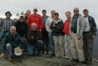 The OFHC gang at the top of Blood Mtn. (front kneeling) David Whitaker, and Gerald Shedd. (back l-r) Bob Slack, Jack Slaton, John Bellamy, Bob Thompson, Dan Ross, Steve Jordan, Wayne Miller, Bob Presley, Jack Jacobi, and Tony Presley.