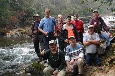 The OFHC gang on the Chattooga ! (kneeling l-r)Rick Porter-Whitmire, Tony Presley, and Gerald Shedd.(standing l-r) Terry Doyle, Dan Ross, John Bellamy, Wayne Miller, Bob Thompson, Bob Presley.