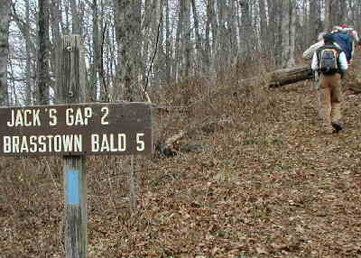 This sign at Chattahoochee Gap is the junction of Jack's Knob Trail and the A.T.