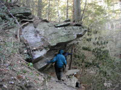 There are several areas with large rock outcroppings. This one has a large tree growing on top of the rock ledge.