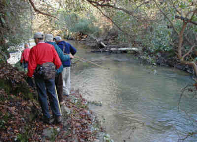 At this point on the trail you have to tip-toe along rocks (for a short distance) on the edge of the river .