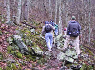 Working our way up the rocky path on Blue Mtn.