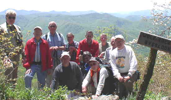 The OFHC gang for today's hike: (l-r) front kneeling, Gerald Shedd, Rick Porter-Whitmire, Doug Russell, and Tony Presley. Back (l-r) Steve Jordan, Bob Presley, Jack Jacobi, Dan Ross, Bob Thompson, John Bellamy and John Hires.