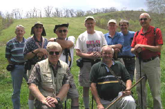 The OFHC gang for today's hike: (l-r) front kneeling, Steve Jordan and Gerald Shedd Back (l-r) John Bellamy, Wayne Miller, Doug Russell, Tony Presley, Bob Presley, Dan Ross, and Jack Jacobi.