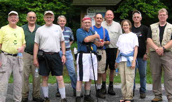 The OFHC gang for today's hike: (l-r) Bob Presley, Jack Jacobi, Tony Presley, John Bellamy, Doug Russell, Wayne Miller, John Mooneyham, Leigh Ann Miller, Jack Slaton, and Steve Jordan.