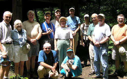 The OFHC gang for today's hike. (kneeling l-r) Doug Russell, Dianne Jordan and Smokey! (standing l-r) David Whitaker, Geri Thompson, Steve Jordan, Wayne Miller, Hayward Marshall, Wanda Miller, Dan Ross, Justin Brown, Jack Jacobi, Bob Presley, and Bob Magee.