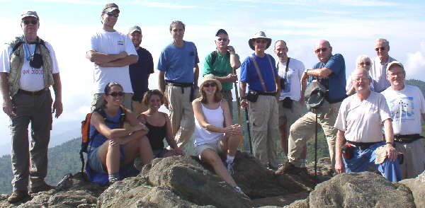 The OFHC gang for today's hike. At the Summit of Black Balsam Knob. (l-r) front - Stephanie Rynders, Erin Buchinger, Michele DiDiego and Bob Presley. back (l-r) Steve Jordan, Jesse Eisenbise, Casey Finedell, Dan Ross, Jack Slaton, Wayne Miller, John DiDiego, Doug Russell, Geri Whitaker, David Whitaker, and Tony Presley