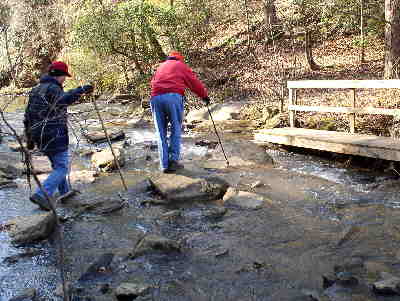 Below Nancytown Dam, the bridge has been washed to the side and we had to rock-hop across the creek. (no one got wet!)