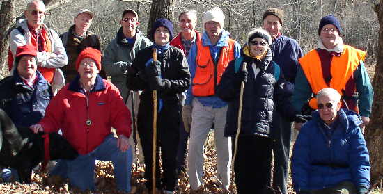 The OFHC gang for today's hike. (l-r)kneeling - Dave Standard, Bob Presley, David Whitaker. (l-r standing) Jack Jacobi, Phil Brownrigg, Wayne Miller, Donna Presley, Dan Ross, Dick Metzgar, Geri Whitaker, Bob Thompson, Tony Presley.