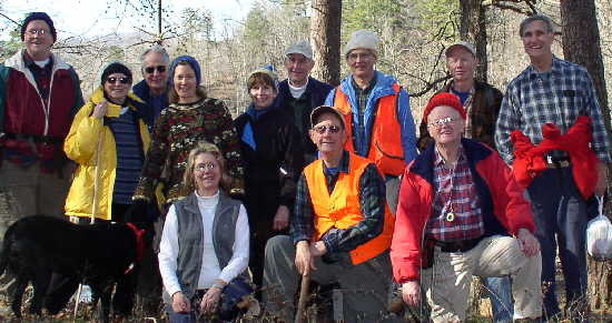 The OFHC gang for today's hike. (l-r)front - Jet the Lab, Wanda Miller, Wayne Miller, and Bob Presley, (l-r standing) Tony Presley, Geri Whitaker, David Whitaker, Leigh Ann Miller, Donna Presley, Bob Thompson, Dick Metzgar, Phil Brownrigg, and Dan Ross.