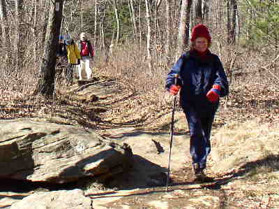 Many of the wet rocks were actually black ice! Here, Wanda shows caution.