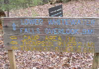 At the 1.5 mile mark, we come to the trail junction for Lower Whitewater Falls.