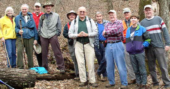 The OFHC gang for today's hike. (l-r) Geri Whitaker, David Whitaker, Bob Thompson, Terry Doyle, Wayne Miller, Jack Jacobi, Dan Ross, Bob Presley, Dick Metzgar, Donna Presley and Tony Presley.