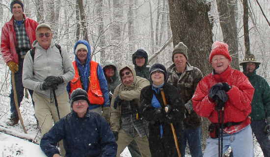 The OFHC gang for today's hike. (l-r) Dan Ross, Jack Jacobi, Tony Presley, Dick Metzgar, Wayne Miller, Doug Russell, Bob Thompson, Donna Presley, Phil Brownrigg, Bob Presley, and Terry Doyle.