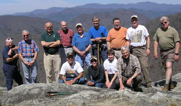 The OFHC gang for today's hike. (l-r front) Kurt Volker, Sharon Volker, Donna Presley, and Dick Metzgar. (l-r back) Doug Russell, David Whitaker, Jack Jacobi, Ray Cowan, Bob Presley, Dan Ross, Bob Magee, Tony Presley, and Steve Jordan.