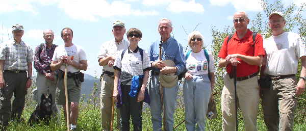 The OFHC gang for today's hike. (l-r) Dick Metzgar, Ray Cowan, Penny Bennett (seated dog), Steve Bennett, John Hires, Donna Presley, David Whitaker, Geri Whitaker, Jack Jacobi, and Tony Presley. (not pictured - Bob Thompson, Wayne Miller, John Bellamy, Phil Brownrigg, Dan Ross, Terry Doyle, and George W. Bush)