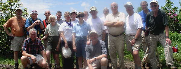 The OFHC gang for today's hike. (l-r) kneeling - David Whitaker, Tony Presley. (l-r standing) Bob Magee, Doug Russell, Wayne Miller, Geri Whitaker, Bob Thompson, Wanda Miller, Phil Brownrigg, Donna Presley, John Bellamy, John Hires, Dick Metzgar, Jack Jacobi, Dave Standard, Dan Ross, Bob Presley.