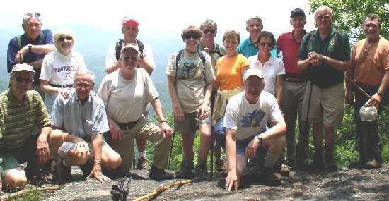 The OFHC gang for today's hike. (Kneeling l-r) Pat Neafsey, David Whitaker, Bob Presley, and Tony Presley. (standing l-r) Doug Russell, Geri Whitaker, Ray Hopper, Donna Presley, Steve Jordan, Brenda Neafsey, John Bellamy, Jean Callihan, Bill Taylor, Jack Jacobi, Bob Magee.