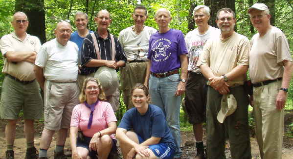 The OFHC gang for today's hike. (Kneeling l-r) Wanda Miller and Chris Brubaker. (standing l-r) Jack Jacobi, Doug Russell, Dan Ross, Wayne Miller, Bob Thompson, Phil Brownrigg, Dick Metzgar, Bob Magee, and Bob Presley.
