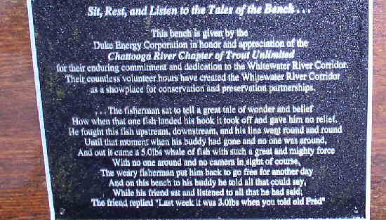 From the bridge, we walked up the Coon Branch Trail where we passed by this bench sign.