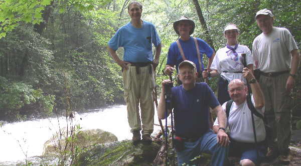 The OFHC gang for today's hike. (l-r kneeling) Bob Presley and Doug Russell. (l-r standing) Dan Ross, Wayne Miller, Wanda Miller, and Tony Presley