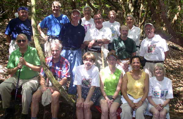 The OFHC gang for today's hike. We must work on the lighting! These hikers really look better than shown in the photo! (l-r seated)Jack Jacobi, David Whitaker, Donna Presley, Melissa Anderson, Sharada Alducin, and Geri Whitaker. (l-r standing) Doug Russell, Dan Ross, Bob Presley, Dick Metzgar, Dave Standard, Phil Brownrigg, Ray Cowan, Don Alducin, and Tony Presley.
