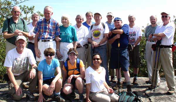 The OFHC gang for today's hike. (l-r kneeling) Tony Presley, Donna Presley, Melissa Anderson, Sharada Alducin. (standing l-r) Jack Jacobi, John Bellamy, David Whitaker, Geri Whitaker, Don Alducin, Dan Ross, Phil Brownrigg, Bob Thompson, Doug Russell, Dick Metzgar, Ray Cowan and Bob Presley.
