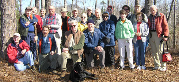 The OFHC gang for today's hike: (front) "Jet" the lab. (kneeling l-r) Bob Presley, Bruce O'Connor, Steve Jordan, Tony Presley. (standing l-r) Doug Russell, John Bellamy, Dan Ross, Jack Jacobi, Dick Metzgar, Terry Doyle, Geri Whitaker, Bob Thompson, David Whitaker, Donna Presley, David Tate, Melissa Anderson, Wayne Miller, Phil Brownrigg, Leona Stowe, and Wenferd Shedd.