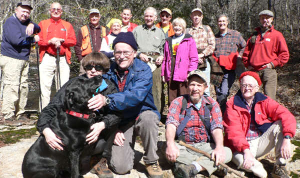 The OFHC gang for today's hike! (l-r front) "Jet" the trail dog, Donna Presley, Tony Presley, Bruce O'Connor, and Bob Presley. (l-r back) Doug Russell, Jack Jacobi, Dick Metzgar, Jeanne O'Connor, Bob Thompson, David Whitaker, Wayne Miller, Geri Whitaker, Phil Brownrigg, Dan Ross, and Terry Doyle.