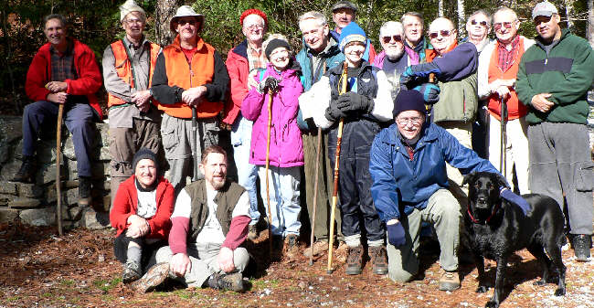 The OFHC gang for today's hike! (l-r front) Jeanne O'Connor, Bruce O'Connor, Tony Presley, and "Jet" the trail dog. (l-r standing) Dan Ross, Dick Metzgar, Wayne Miller, Bob Presley, Geri Whitaker, David Whitaker, Terry Doyle, Donna Presley, Bryan Lambert, John Bellamy, Doug Russell, David Tate, Jack Jacobi, and Trevor Lyn.