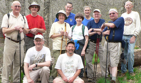 The OFHC gang for today's hike. (l-r front) Tony Presley and Bruce O'Connor. (l-r standing) Jack Jacobi, Wayne Miller, Jeanne O'Connor, Bob Thompson, Donna Presley, Dan Ross, Bob Presley, Doug Russell, and Phil Brownrigg.