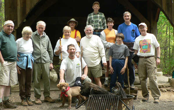The OFHC gang for today's hike. (l-r) Doug Russell, Geri Whitaker, David Whitaker, Jeanne O'Connor, Bruce O'Connor, "Bo" the trail dog, Wayne Miller, Bryan Lambert, Phil Brownrigg, Melissa Anderson, Donna Presley, Dan Ross, and Tony Presley.