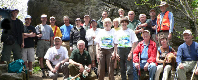 The OFHC gang for today's hike. (l-r front) Tony Presley, David Whitaker, Geri Whitaker, Donna Presley, Bob Presley, Melissa and "Bo" Anderson, and Dave Standard. (back l-r) Shane Keating (camera) and Brandon Arnold (producer - Georgia Outdoors), Terry Doyle, Wayne Miller, Dan Ross, Katie Brownrigg, Phil Brownrigg, Bruce O'Connor, Bob Thompson, Jeanne O'Connor, John Bellamy, Jack Jacobi, Doug Russell, Ray Cowan and Dick Metzgar.