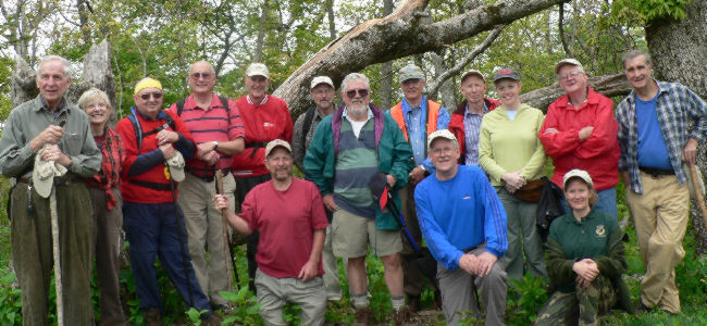 The OFHC gang for today's hike. (l-r kneeling) Bruce O'Connor, Tony Presley and Leigh Ann Miller. (back l-r) David Whitaker, Geri Whitaker, Doug Russell, Jack Jacobi, Bob Thompson, Ray Cowan, Bryan Lambert, Dick Metzgar, Phil Brownrigg, Katie Brownrigg, Bob Presley and Dan Ross.
