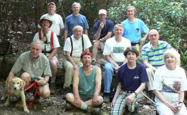 The OFHC gang for today's hike. (l-r front) "Nuggett and David Whitaker, Bruce O'Connor, Donna Presley and Geri Whitaker. (middle l-r) Wayne Miller, Doug Russell, John Bellamy and Jack Jacobi. (back l-r) Tony Presley, Dick Metzgar, Terry Doyle and Dan Ross.