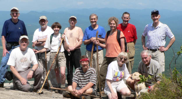 The OFHC gang for today's hike. (seated l-r) Tony Presley, Bruce O'Connor, Geri Whitaker, "Nugget" and David Whitaker. (standing l-r) Bob Presley, Bob Magee, Donna Presley, Phil Brownrigg, Dan Ross, Carole Wintle, Bob Thompson and Bill Taylor.