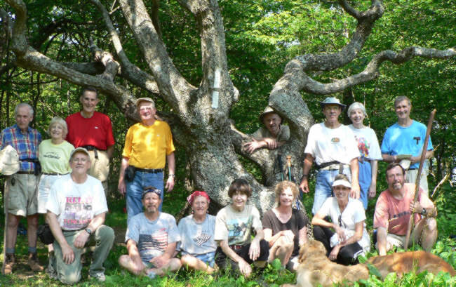 The OFHC gang for today's hike. (front l-r) Tony Presley, Bruce O'Connor, Jeanne O'Connor, Donna Presley, Carole Wintle, Sharon Volker, Jack Wintle and "Ty & Jessie" (standing l-r)David Whitaker, Geri Whitaker, Bob Thompson, Bob Presley, John Bellamy, Kurt Volker, June Bellamy and Dan Ross.
