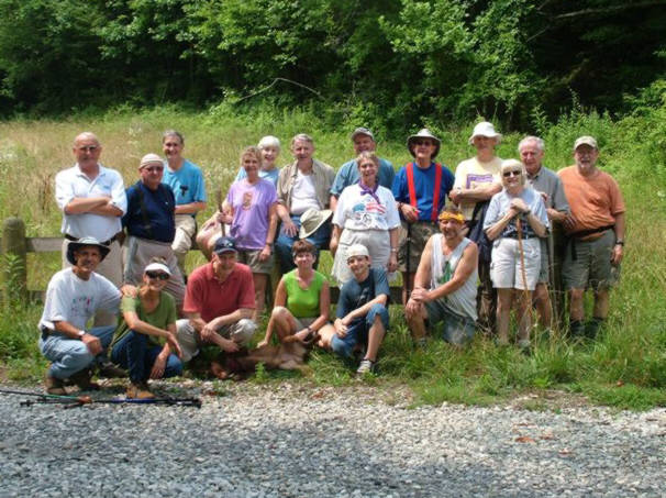 The OFHC gang for today's hike. (front l-r) Kurt Volker, Sharon Volker, Bill Taylor, "Bo" (lying down belly up) Melissa Anderson, Jeffrey Anderson and Bruce O'Connor. (standing l-r) Jack Jacobi, Doug Russell, Dan Ross, Carole Wintle, June Bellamy, John Bellamy, Dave Standard, Wanda Miller, Wayne Miller, Dick Metzgar, Geri Whitaker, David Whitaker and Bob Magee.