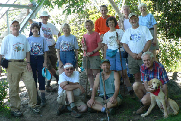 The OFHC gang for today's hike. (seated l-r) Doug Russell, Bruce O'Connor, David Whitaker, and "Nugget". (standing l-r) Tony Presley, Donna Presley, Dick Metzgar, Geri Whitaker, Carole Wintle, Bob Thompson, Ann Magee, John Bellamy, Bob Magee, and June Bellamy.