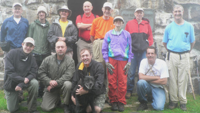 The OFHC gang for today's hike: (kneeling l-r) Matthew Bennett, Dan Bennett , Steve Bennett with "Penny", and John King. (standing l-r)Tony Presley, Greg Bennett, Wayne Miller, Jack Jacobi, Bob Thompson, Donna Presley, Phil Brownrigg, and Dan Ross.