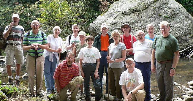 The OFHC gang for today's hike. (l-r) Terry Doyle, Jack Jacobi, June Bellamy, Bruce O'Connor (kneeling), John Bellamy, Jeanne O'Connor, Donna Presley, Bob Thompson, Carole Wintle, Wayne Miller, Tony Presley (kneeling), Doug Russell, Dan Ross, and Steve Jordan. .