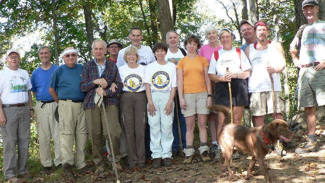 The OFHC gang for today's hike. (l-r) Tony Presley, Dan Ross, Doug Russell, David Whitaker, Wayne Miller, Geri Whitaker, Bob Thompson, Donna Presley, John Bellamy, Melissa Anderson, June Bellamy, Jeanne O'Connor, Dave Standard, Bruce O'Connor, Terry Doyle, and trail dog "Bo" Anderson.