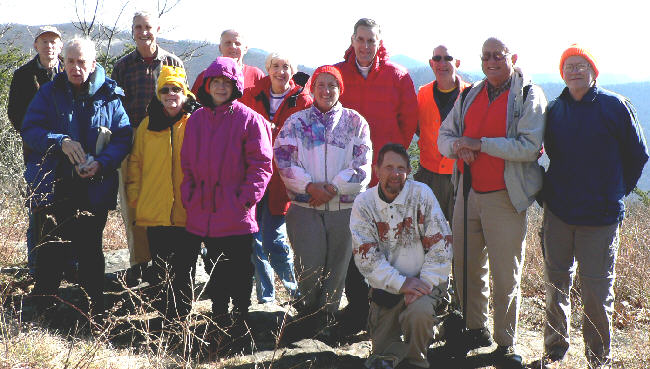 The OFHC gang for today's hike. (l-r) Phil Brownrigg, David Whitaker, Dan Ross, Geri Whitaker, Donna Presley, John Bellamy, June Bellamy, Jeanne O'Connor, Bob Thompson, Bruce O'Connor, Wayne Miller, Jack Jacobi, and Tony Presley.