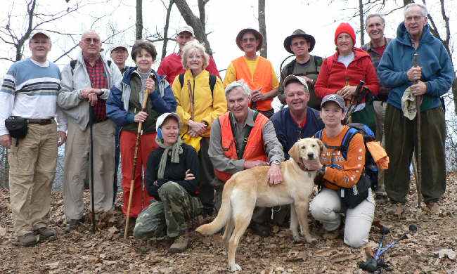 The OFHC gang for today's hike. (l-r front) Leigh Ann Miller, Dick Metzgar, Dave Standard, Melissa Anderson and trail dog "Nugget". (l-r back) Tony Presley, Jack Jacobi, Phil Brownrigg, Donna Presley, Bob Thompson, Geri Whitaker, Wayne Miller, Thomas Bowers, Jeanne O'Connor, Dan Ross, and David Whitaker.