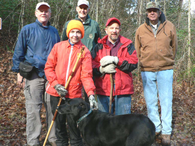 The OFHC gang for today's hike. (l-r) Tony Presley, Donna Presley, Bob Thompson, Bruce O'Connor, Howard Farmer, and "Jet" the trail dog.